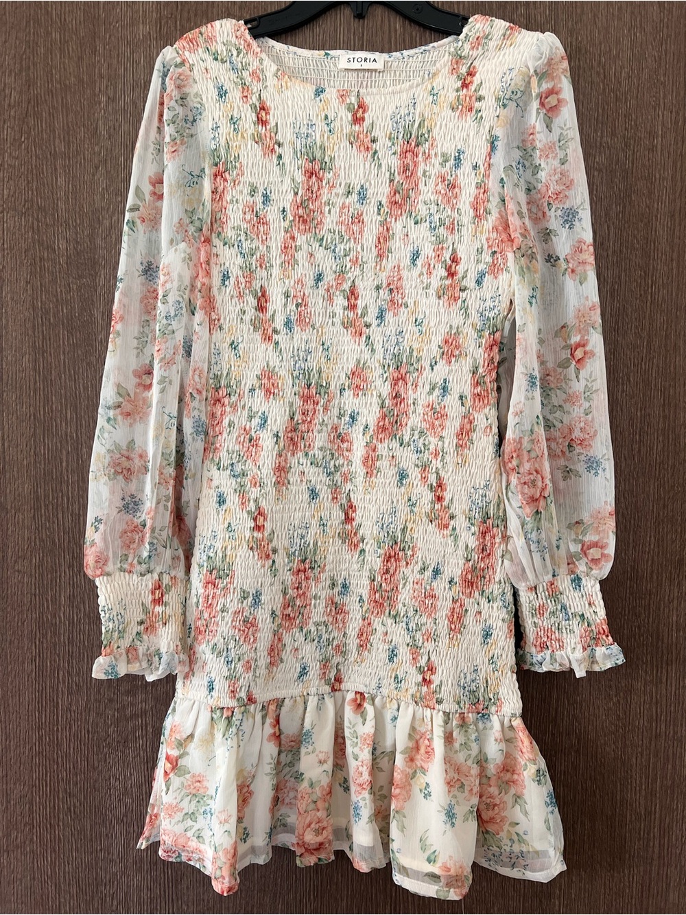 Storia Cream Floral Smocked Top with Coral & Blue Accents